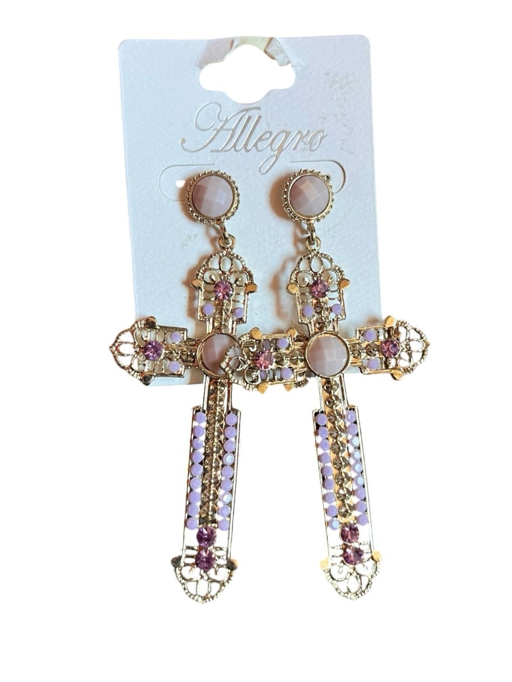 Allegro Lilac Purple Gold Tone Long Cross Earrings New with Tag